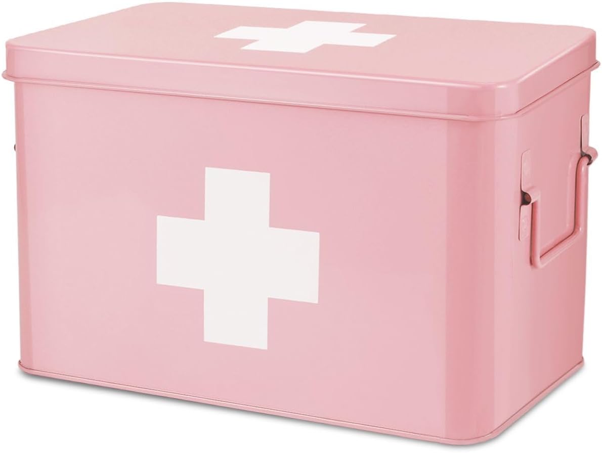 Flexzion First Aid Box Organizer Empty 13" Pink Vintage First Aid Kit Tin Metal Medical Box - First Aid Storage Box Container Bins with Dividers, Removable Tray and White Cross Logo