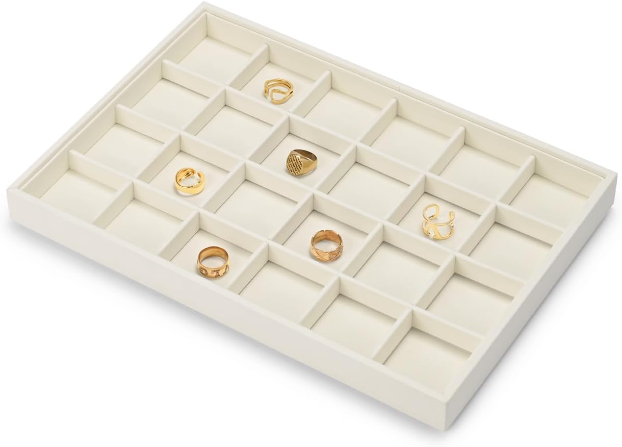 Stackable Beige Jewelry Organizer Tray Premium Microfiber 24 Grid Jewelry Display Trinket Earring Ring Organizer Tray