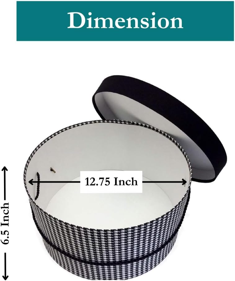 Sarah's Hat Boxes Classic Houndstooth Hat Box – 12.75" x 6.5" (Dia. x Ht.) Handmade in USA – Odorless Non-Toxic Adhesive, Cording Handle – Premium Storage for Hats & Accessories