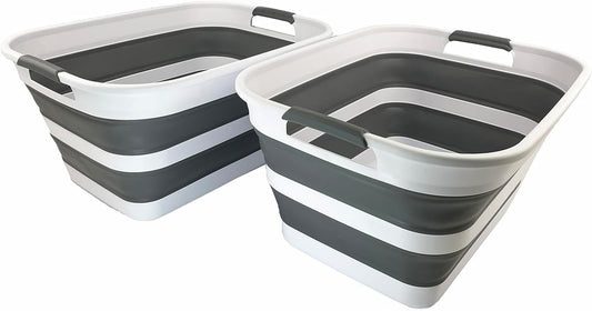 SAMMART 27L (7.1 Gallons) Collapsible Plastic Laundry Basket with Handle-Foldable Pop Up Storage Basket with handle (2, White/Steel Grey)