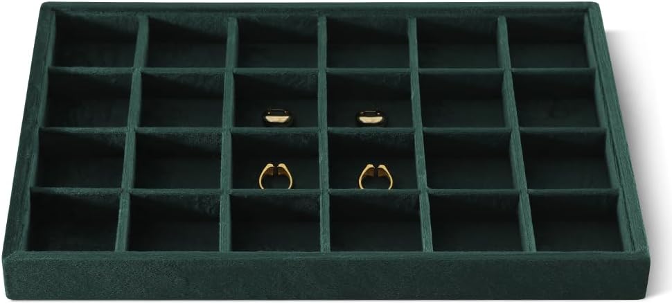 Velvet Stackable Jewelry Display Tray, 24 Grid Earring Ring Storage Tray, Drawer Divider Jewelry Accessories Organizer Plate (Green)