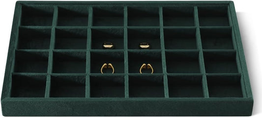 Velvet Stackable Jewelry Display Tray, 24 Grid Earring Ring Storage Tray, Drawer Divider Jewelry Accessories Organizer Plate (Green)