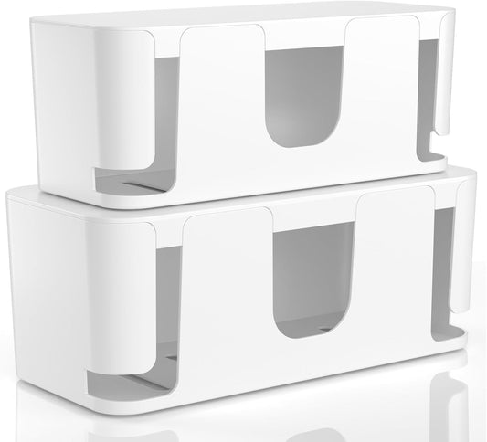 Delamu 2 Pack Cable Management Box, Stylish Cable Organizers for Cords, Pet & Child-Proof ABS Cord Hider Box, Medium and Small Cable Box for Computer Router Box Hider USB Hub, Floor Cord Covers, White