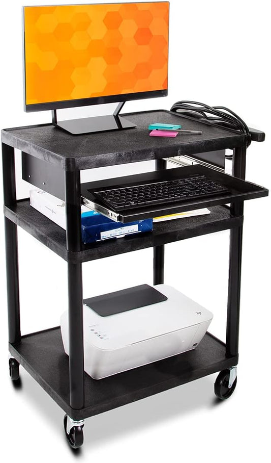 Line Leader Plastic AV Cart with Keyboard Tray, Mobile Workstation with Storage For Offices and Schools, Rolling with 4 Casters, 2 Locking Brakes, Heavy Duty, Holds up to 100 lbs (Black, 24 x 18 x 34)