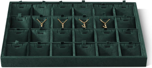 Velvet Necklace Display Tray, Stackable 24 Grid Insert Pendant Necklaces Storage Holder Plate, Jewelry Retail Countertop Organizer (Green)