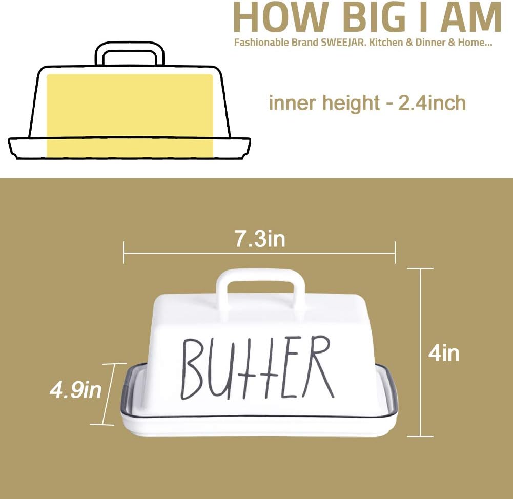 Sweejar Ceramic Butter Dish with Handle Lid, 7.3 Inch Porcelain Large Butter Keeper with Cover, Perfect for East/West Butter (Orange)
