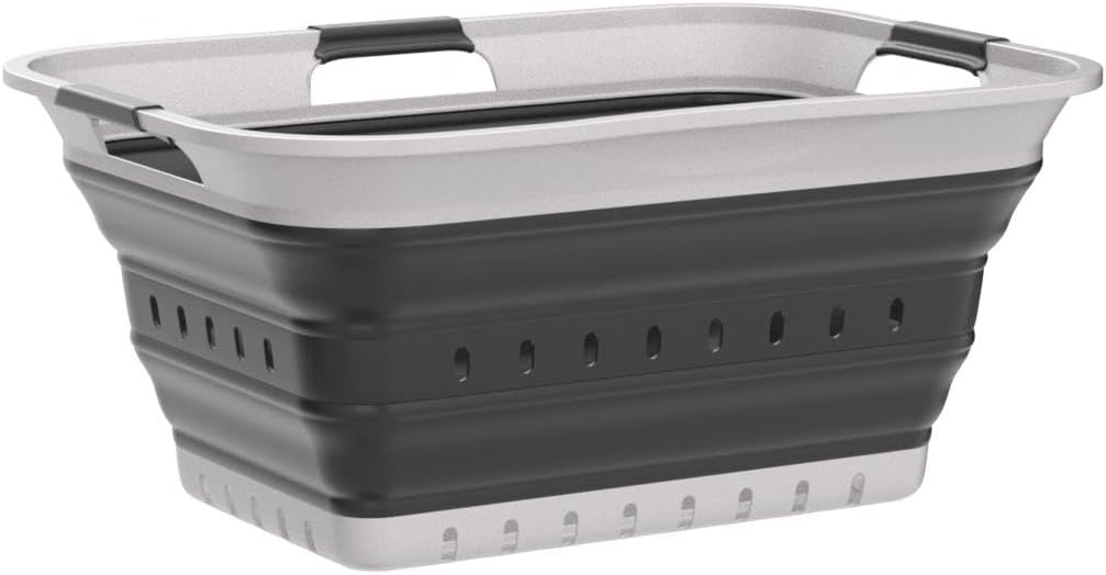 SAMMART 42L (11 gallon) Collapsible Plastic Laundry Basket - Foldable Pop Up Storage Container/Organizer - Space Saving Hamper/Basket (1, White/Dark Grey)