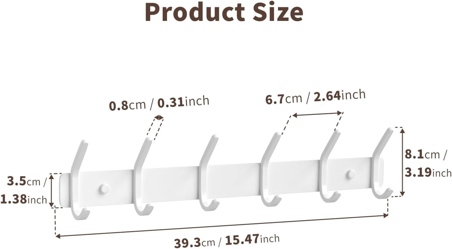 Coat Rack Wall Mount Hooks - 15 Inch Matte White Metal 6-Hook Organizer Wall Mounted, Modern Kids Room, Entryway & Bathroom Hanger for Beach Towels, Coats, Purses, Bags (2 Pack)