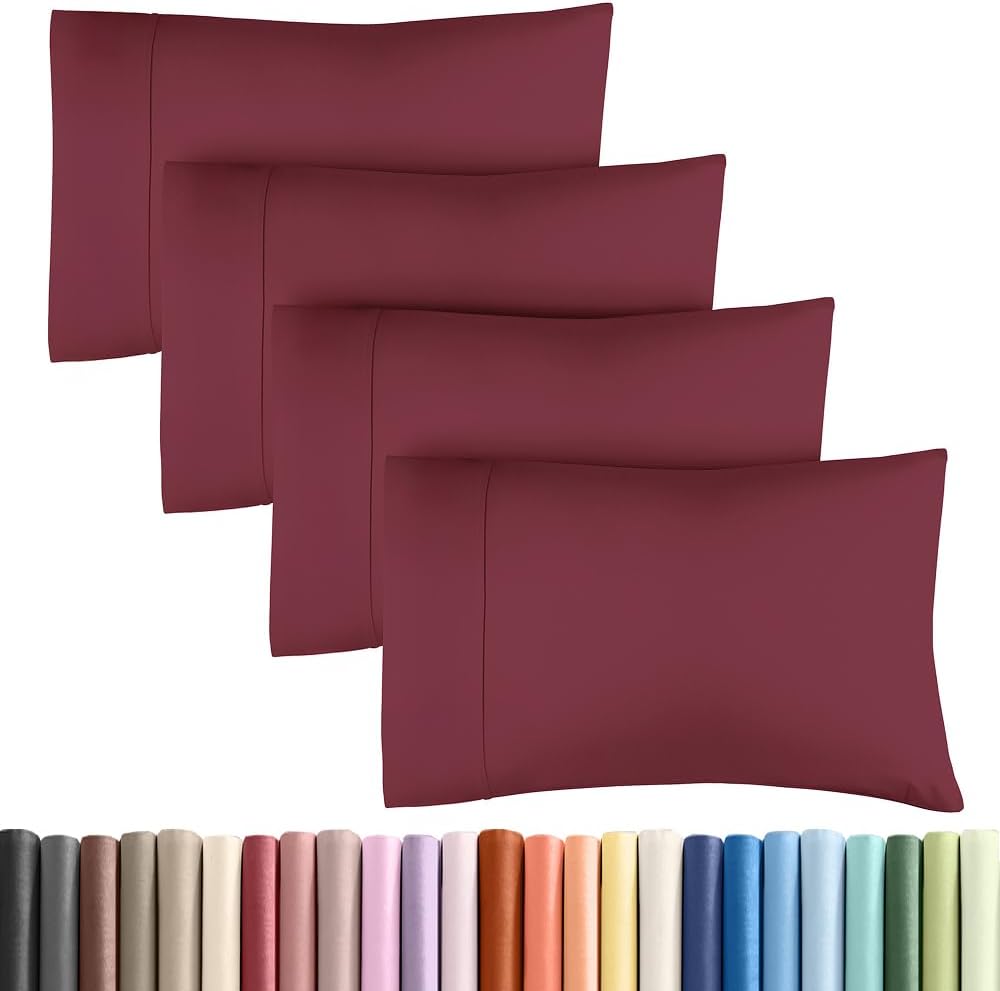 Queen Pillow Cases - 4 Pack - Super Soft Pillowcase Covers - Envelope Enclosure - Hotel Quality Pillow Protectors - Wrinkle Free, Shrink and Stain Resistant - Machine Washable - 20" x 30" (Burgundy)