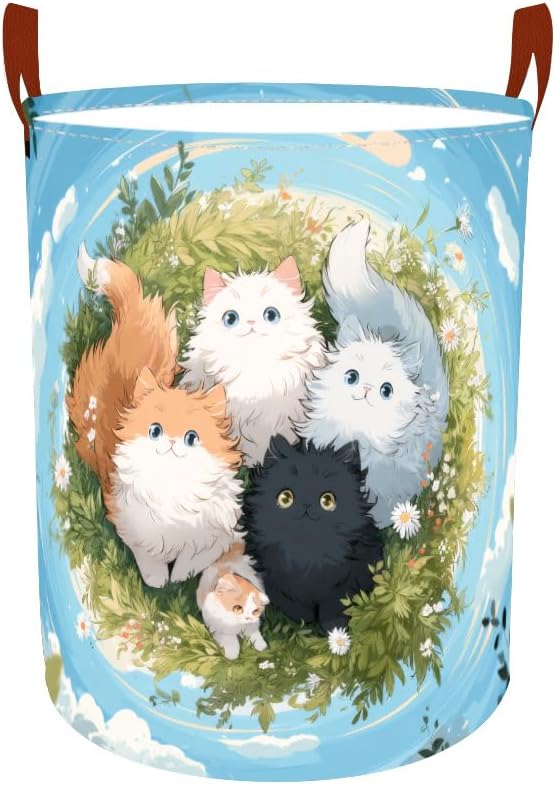 Laundry Baskets 15.7x19.7 Inch Large Kittens Meadow Design Collapsible Laundry Hamper with Handles Oxford Fabric Clothes Storage Bin Foldable Dirty Clothes Organizer for Bedroom Bathroom Dorm
