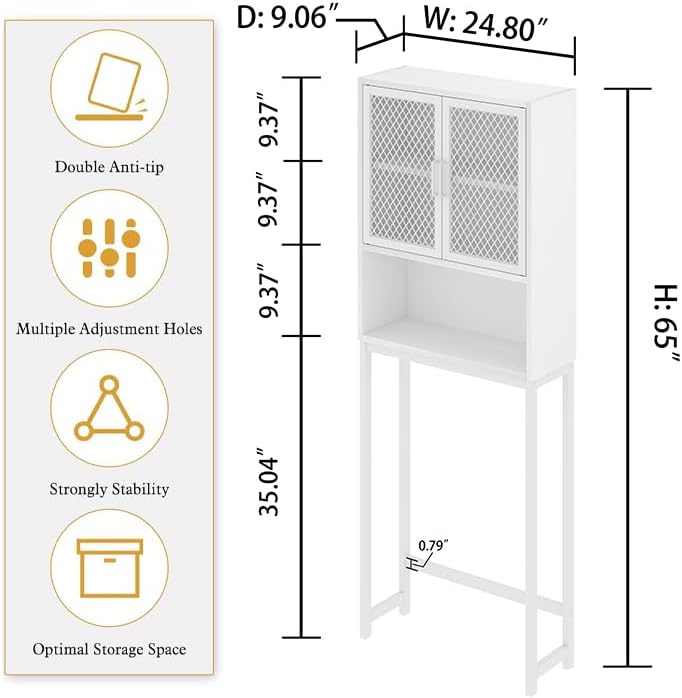 Launica Over The Toilet Storage, Industrial Bathroom Organizer Over Toilet, Freestanding Over Toilet Bathroom Storage Cabinet with Rack, Wood Metal Bathroom Space Saver Shelf Over Toilet, White Oak