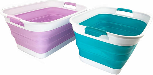 SAMMART 27L (7.1 Gallons) Collapsible Plastic Laundry Basket with Handle-Foldable Pop Up Storage Basket with handle (2, Ceramic Blue+Pale Purple)