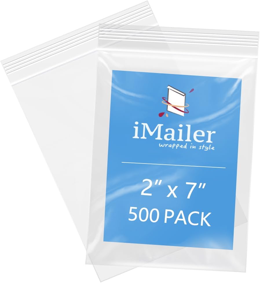iMailer - 2" x 7" 500 Pack- 2 Mil Resealable Zip Bags- Small Clear Plastic Bags for Storage, Organizing, Crafts, Snacks, Jewelry, Hardware