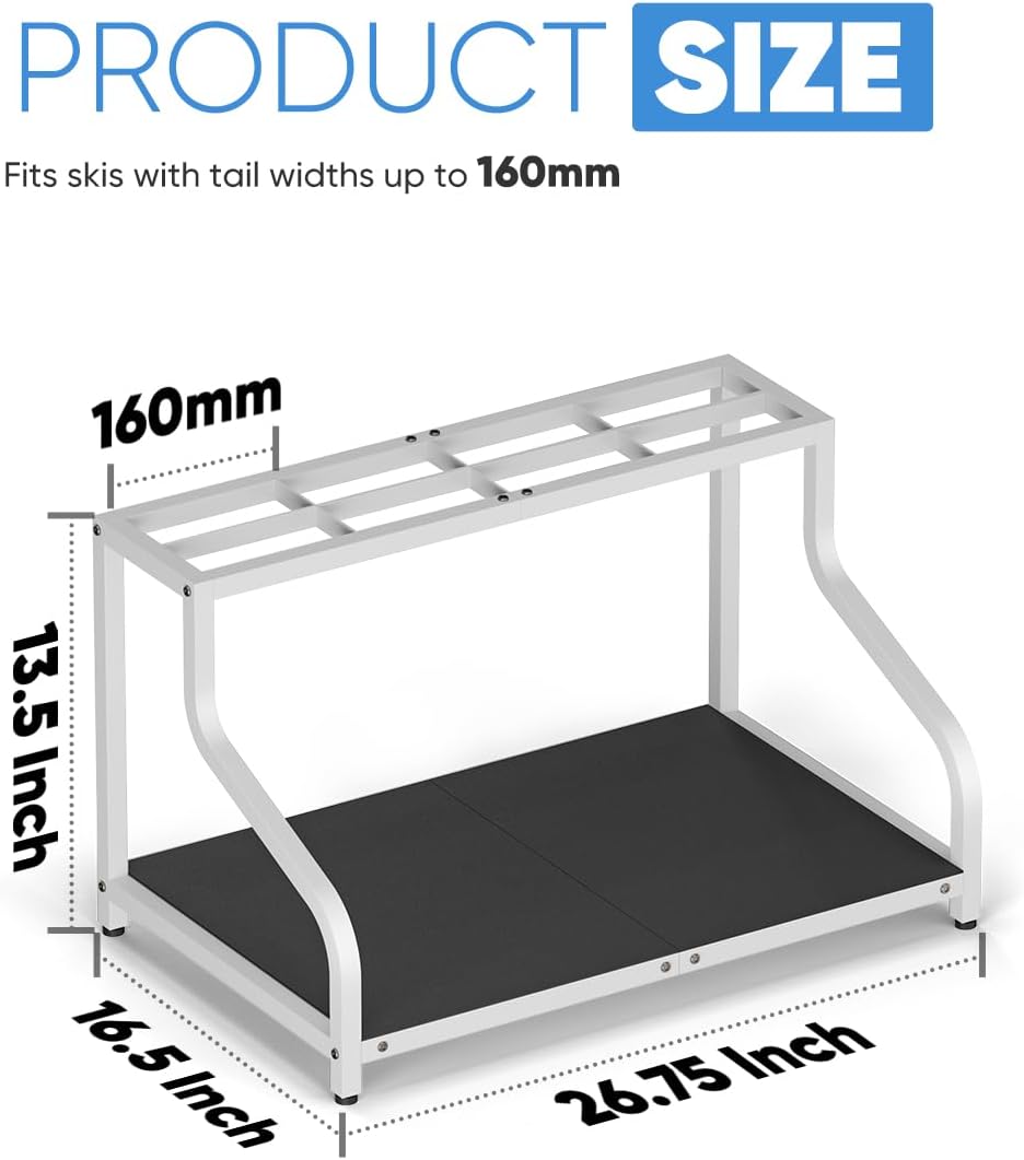 Ski Storage Rack for Garage — Freestanding Ski Holder for 4 Pair Skis, Boot, Helmet, Goggles, Indoor Snowboard Rack Organizer Stand for Home, Shed, Basement, White
