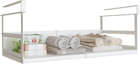 Expandable Under Cabinet Shelf Organizer with 1.25 Inches Thick Clips, Heavy Duty Extendable Under Shelf Storage Basket for Pantry or Laundry Room, White, 1 Pack, Interior: 5.7" H x 8.54" D