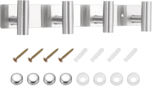 uxcell 1 Set Hat and Coat Wall Mount Rack, Stainless Steel 4 Hooks Towel Racks with Mounting Accessories Tower Hanger Organizer for Entryway Bedroom Kitchen, Silver