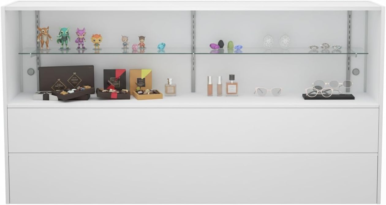 WISDOMFUR 5ft White Display Showcase Cabinet with LED Lighting – Half Vision Retail Glass Display Case, 60" x 18" x 38", Sliding Locking Doors & Storage Shelves