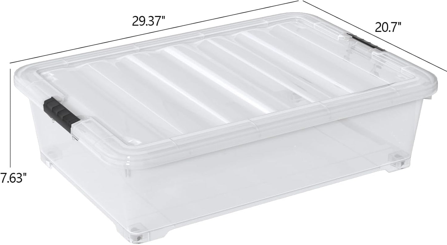 50 Quart Large Under Bed Storage Box, Clear Plastic Under Bed Storage Bin with Wheel, Set of 3