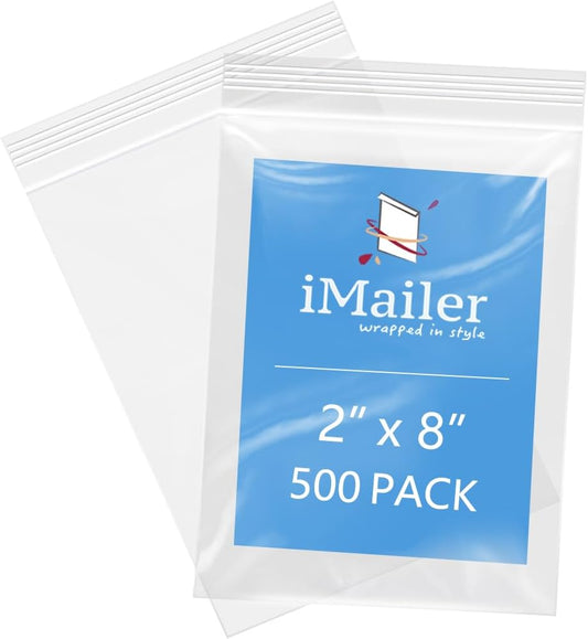 iMailer - 2" x 8" 500 Pack- 2 Mil Resealable Zip Bags- Small Clear Plastic Bags for Storage, Organizing, Crafts, Snacks, Jewelry, Hardware