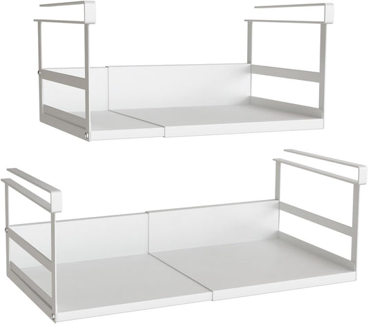 Expandable Under Cabinet Shelf Organizer with 0.94-Inch Thick Clips, Heavy Duty Extendable Under Shelf Storage Basket for Pantry or Laundry Room, White, 2 Pack, Interior: 5.7" H x 8.54" D