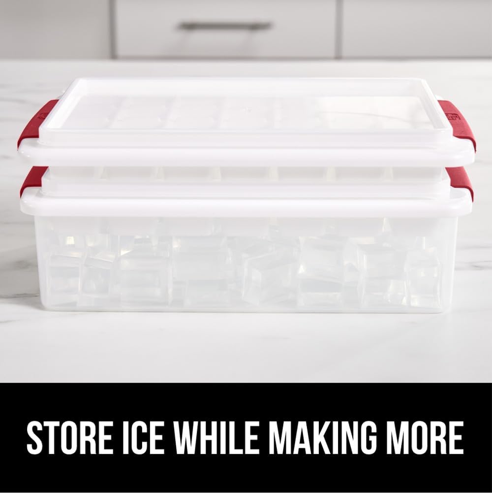 GORILLA GRIP BPA-Free Easy Release Ice Cube Tray for Freezer, Make Lots of Ice, 56 Cubes Total, Kit Includes 2 Stackable Leakproof Trays with Lid and Soft Handle Grips, Scooper, Bin, For Coffee, Red