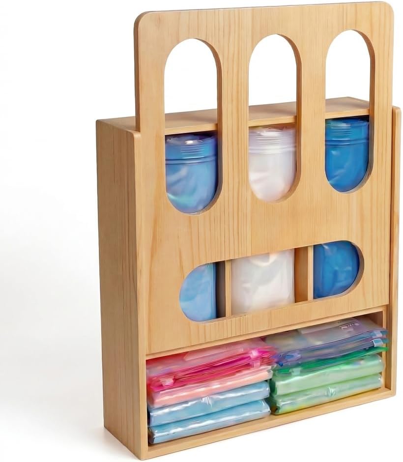 Baggie Organizer for Drawer, Wooden 4 Slot Zip Lock Storage Bag Organizer Holder - Wall Mounted Kitchen Food Baggie Dispenser Compatible with Sandwich Snack Gallon Quart Tea Slider Bags