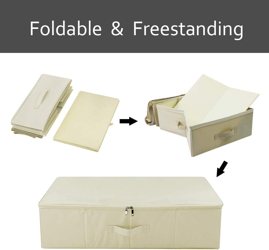 iwill CREATE PRO Folding Under Bed Shoes Storage Organiser Bins with Lid, Underbed Clothes Organizer Basket, Garment Storage Boxes, Beige
