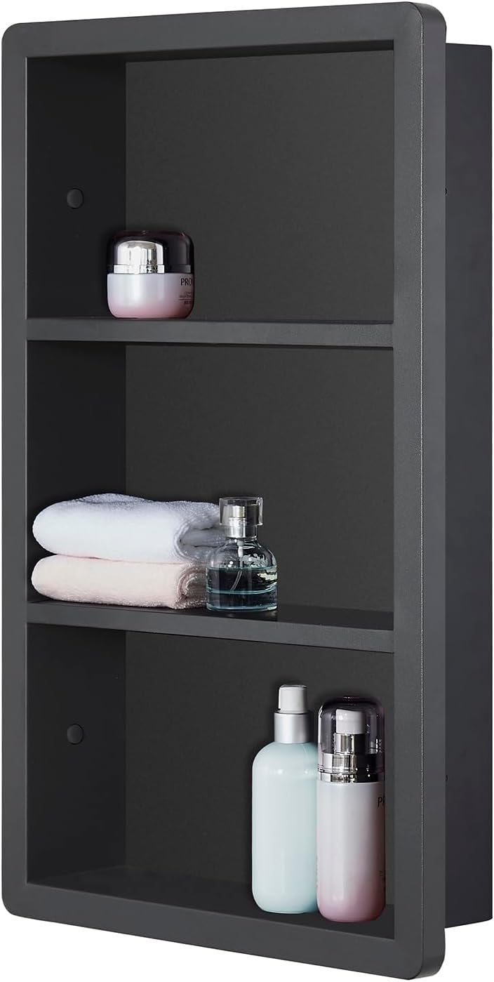Recessed Medicine Cabinet No Mirror - 14x24 Bathroom Storage Wall Cabinet with 2 Shelves, 304 Stainless Steel Shower Niche, Matte Black Waterproof for Bathroom, Toilet, Vanity