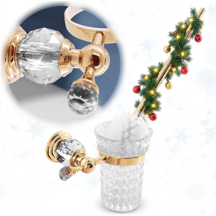 Gold Stainless Steel Toilet Brush with Crystal Toilet Brush Holder Set – Wall Mounted Holder, Replaceable Head, Decorative Space-Saving Design Bathroom Toilet Accessory Elegant Toilet Bowl Cleaner Set