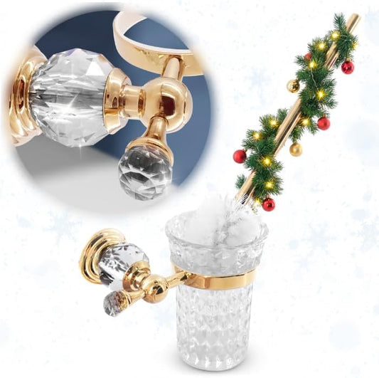 Gold Stainless Steel Toilet Brush with Crystal Toilet Brush Holder Set – Wall Mounted Holder, Replaceable Head, Decorative Space-Saving Design Bathroom Toilet Accessory Elegant Toilet Bowl Cleaner Set