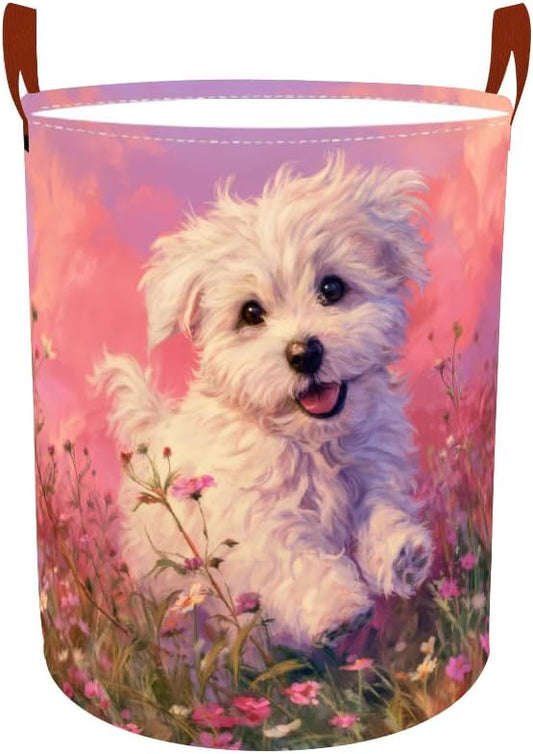 Laundry Baskets 15.7x19.7 Inch Large Puppy Wildflower Field Design Collapsible Laundry Hamper with Handles Oxford Fabric Clothes Storage Bin Foldable Dirty Clothes Organizer for Bedroom Bathroom Dorm