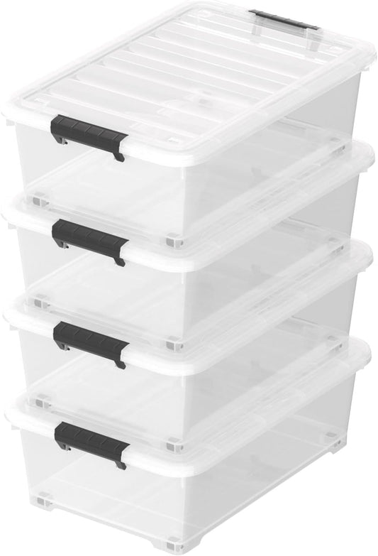 Sandmovie 4 Packs 20 Quart Plastic Under Bed Storage Boxes, Plastic Bins Storage Under Bed, Clear
