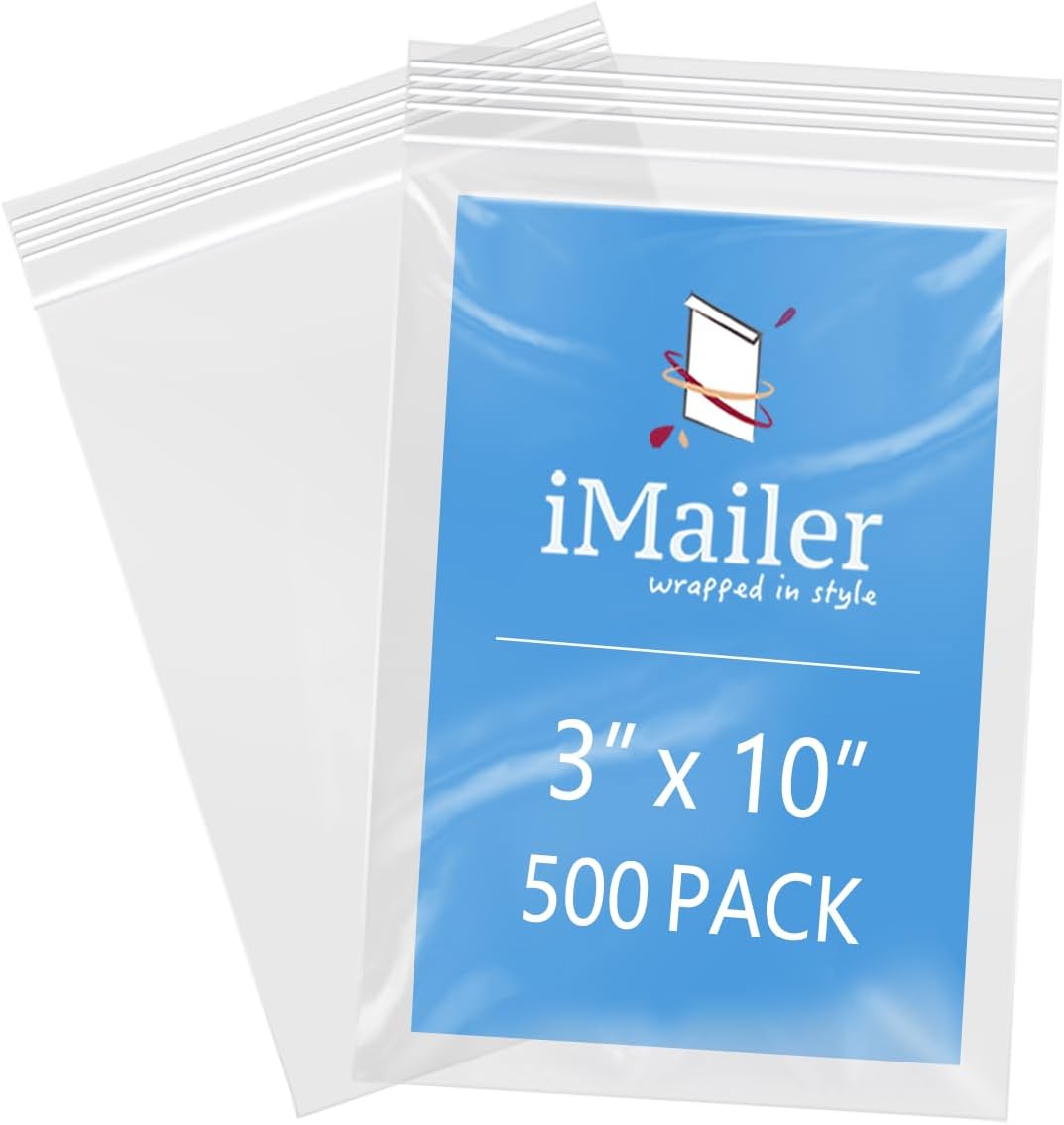 iMailer - 3" x 10" 500 Pack- 2 Mil Resealable Zip Bags- Small Clear Plastic Bags for Storage, Organizing, Crafts, Snacks, Jewelry, Hardware