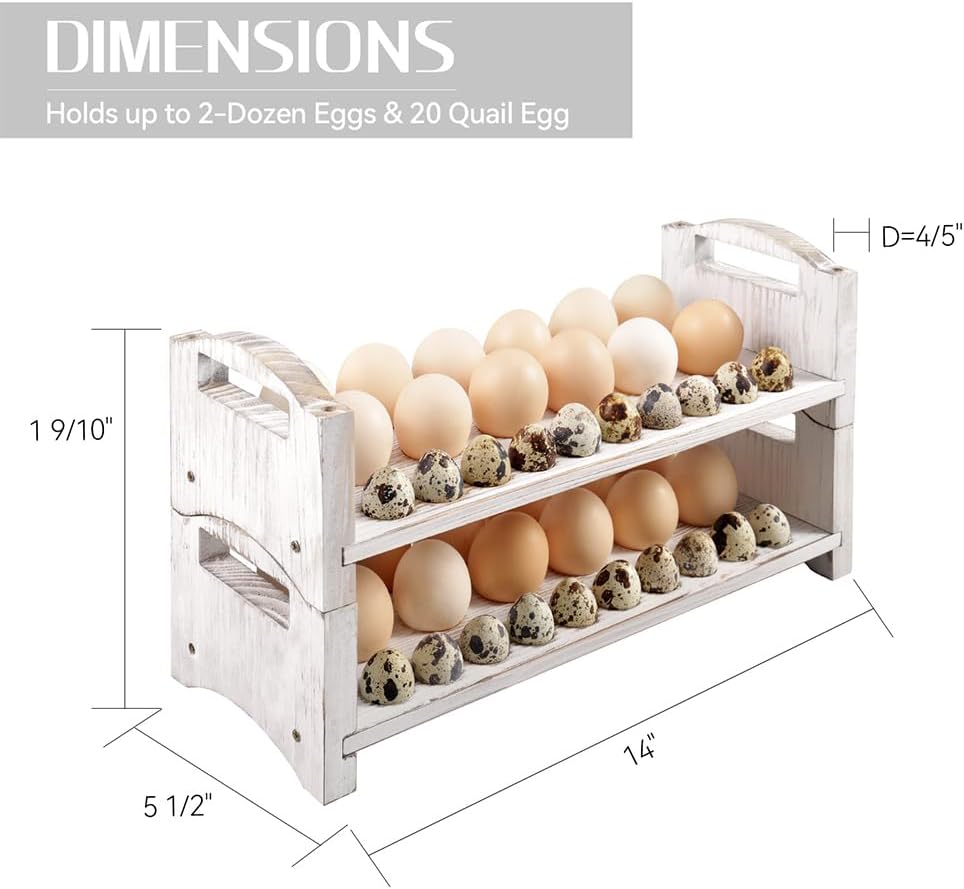 Wooden Egg Holder 2 Layer Fresh Egg Rack Holders Countertop Stackable Quail Egg Sorter Storage Trays Organizer Display Stand Kitchen Rack, Fits Duck, Turkey, Chicken Eggs,up to 36 Eggs, 2 Tier-White