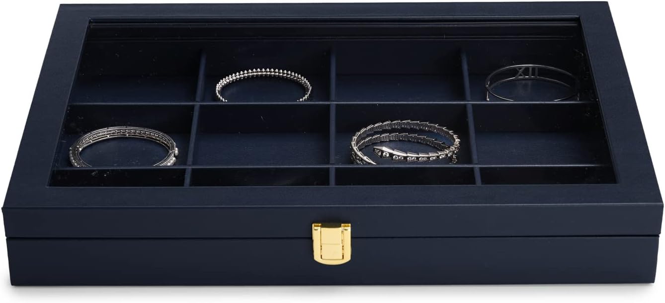 Oirlv 12 Gird Jewelry Tray with Acrylic Lid Premium Blue Leather Jewelry Organizer Box Transparent Lid Bracelet Bangle Small Watch Storage Case for Women Gift