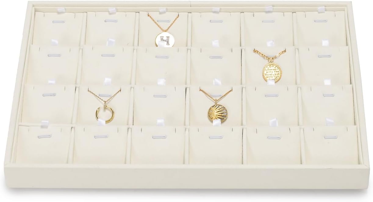 Beige Jewelry Necklace Display Tray 24 Grids Pendant Earrings Necklace Organizer Display Showcase Microfiber Jewelry Storage Tray
