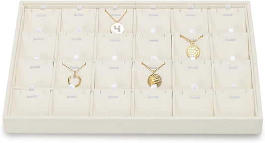 Beige Jewelry Necklace Display Tray 24 Grids Pendant Earrings Necklace Organizer Display Showcase Microfiber Jewelry Storage Tray
