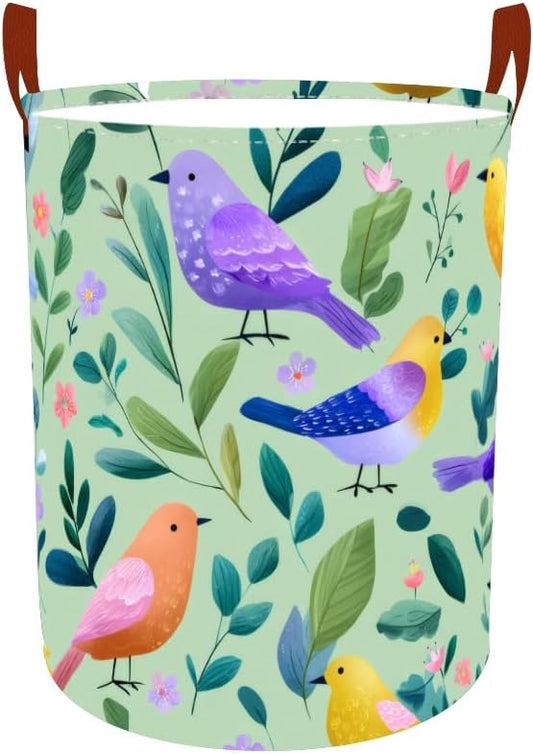 Laundry Baskets 15.7x19.7 Inch Large Colorful Birds Leaves Floral Design Collapsible Laundry Hamper with Handles Oxford Fabric Clothes Storage Bin Foldable Dirty Clothes for Bedroom Bathroom Dorm