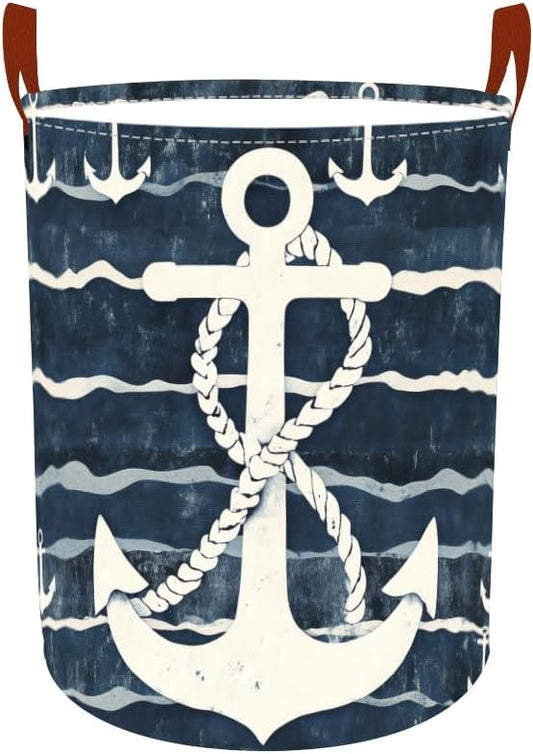 Laundry Baskets 15.7x19.7 Inch Large Nautical Anchor Design Collapsible Laundry Hamper with Handles Oxford Fabric Clothes Storage Bin Foldable Dirty Clothes Organizer for Bedroom Bathroom Dorm