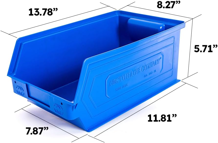 6-Pack Storage Bins, Wall Mount, Stackable & Freestanding, 12”x 8” x 6” Plastic Organizers, Utility Containers for Garage, Home, Workshop, Blue