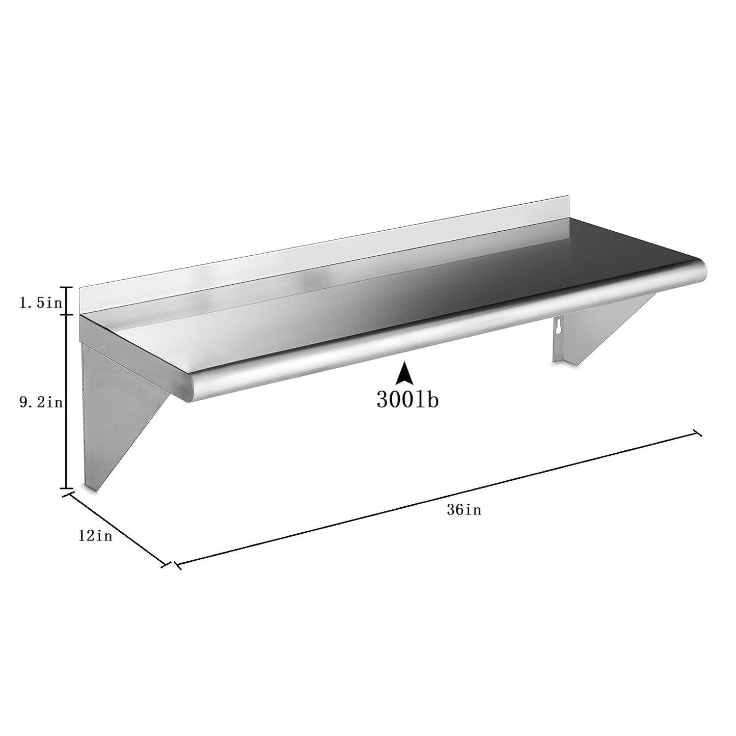 ROCKPOINT Stainless Steel Shelf 12 x 36 Inches 300lb, NSF Metal Commercial Shelves Wall Mount Floating Shelving with Backsplash for Restaurant, Kitchen, Home and Hotel, Silver
