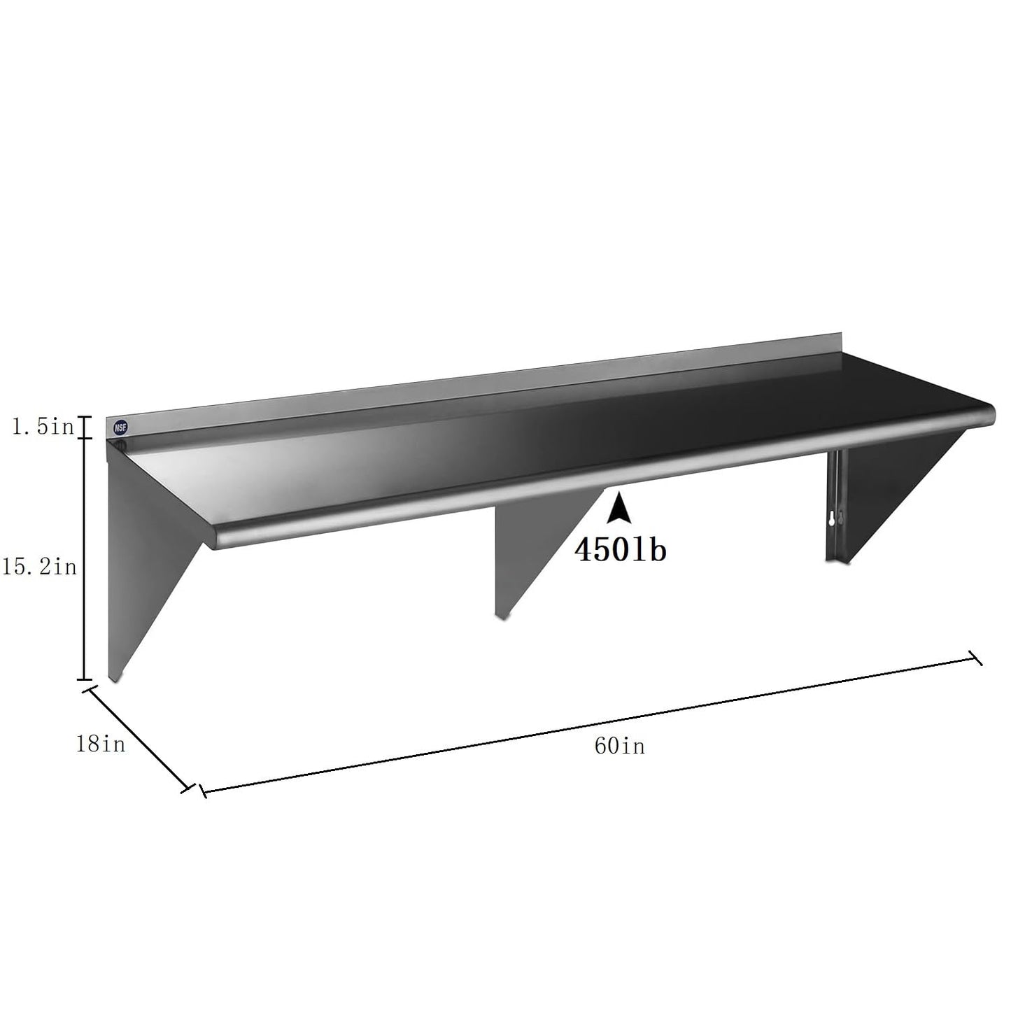 ROCKPOINT Stainless Steel Shelf 18 x 60 Inches 450lb, NSF Metal Commercial Shelves Wall Mount Floating Shelving with Backsplash for Restaurant, Kitchen, Home and Hotel, Silver