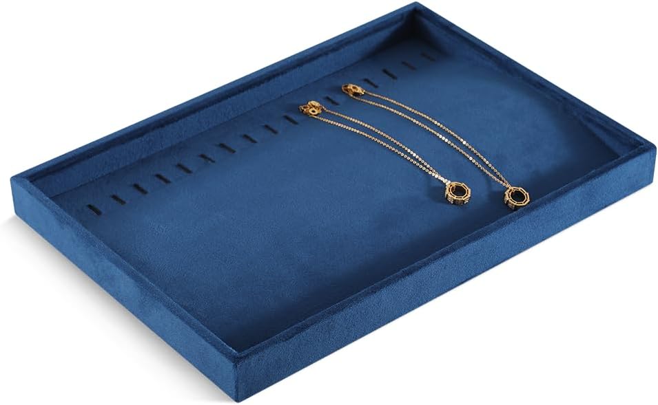 Velvet Jewelry Display Tray For Bracelet Pendant Necklace, Multi-Slot Stackable Storage Tray For Long Chain Jewelries, Drawer Insert Jewelry Organizer (Blue)