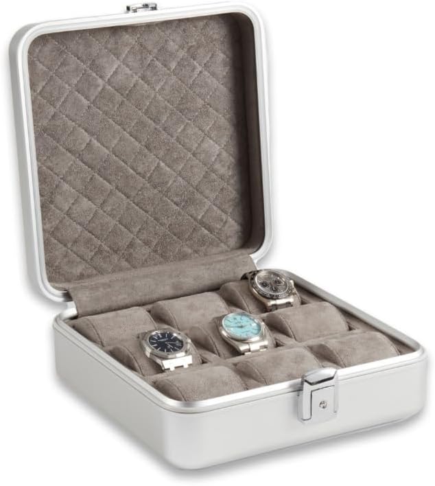 Bey-Berk Prague Aluminum Watch Case in Silver – 9-Slot Locking Travel Box with Soft Interior for Watch Storage