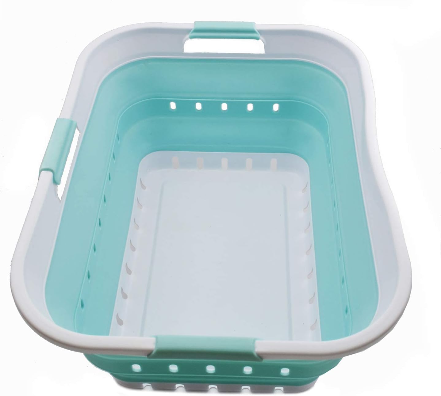 SAMMART 42L (11 gallon) Collapsible Plastic Laundry Basket - Foldable Pop Up Storage Container/Organizer - Space Saving Hamper/Basket (1, White/Lake Green)