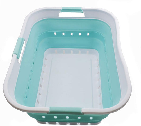 SAMMART 42L (11 gallon) Collapsible Plastic Laundry Basket - Foldable Pop Up Storage Container/Organizer - Space Saving Hamper/Basket (1, White/Lake Green)