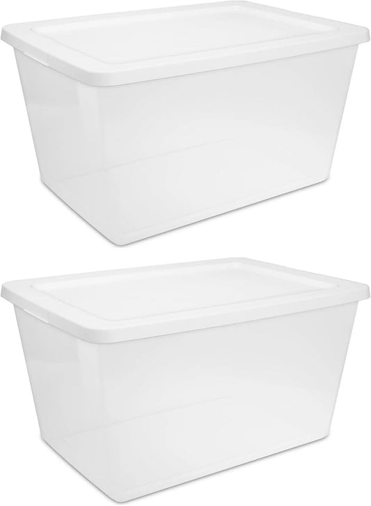 2-Pack 58 Quart Clear Storage Bins with Snap-On White Lids, Stackable Plastic Containers for Home Organization, Closet, Bedroom, Garage Storagea