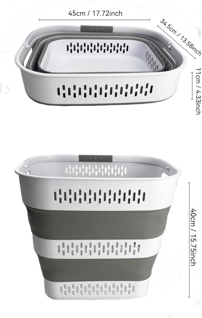 SAMMART 40L (10.5 Gallon) Collapsible Plastic Laundry Basket with Handles - Foldable Pop Up Storage Container/Organizer - Portable Laundry Hamper - Space Saving (2, White/Grey)