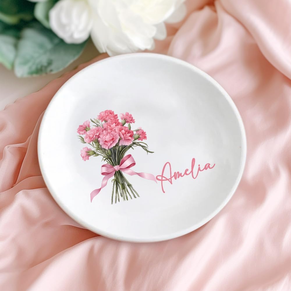 Custom Ceramic Jewelry Tray Birth Flower Personalized Name Decorative Trinket Dish for Rings Earrings Necklaces Birthday Christmas Bridesmaid Gifts for Women Her Size 4"×4"