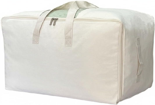 Soft Canvas Clothes Storage Bags with Four Carrying Handles and Clear Window, Closet Organizer for Clothing, Blankets Sheets and Bedding, 55L, Beige